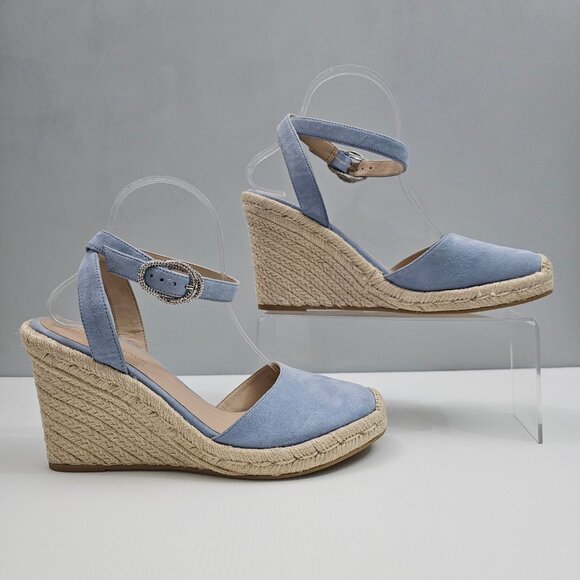 Stuart Weitzman Crystal Buckle Wedge Womens 10 Cornflower Blue Suede Espadrille - Picture 3 of 16
